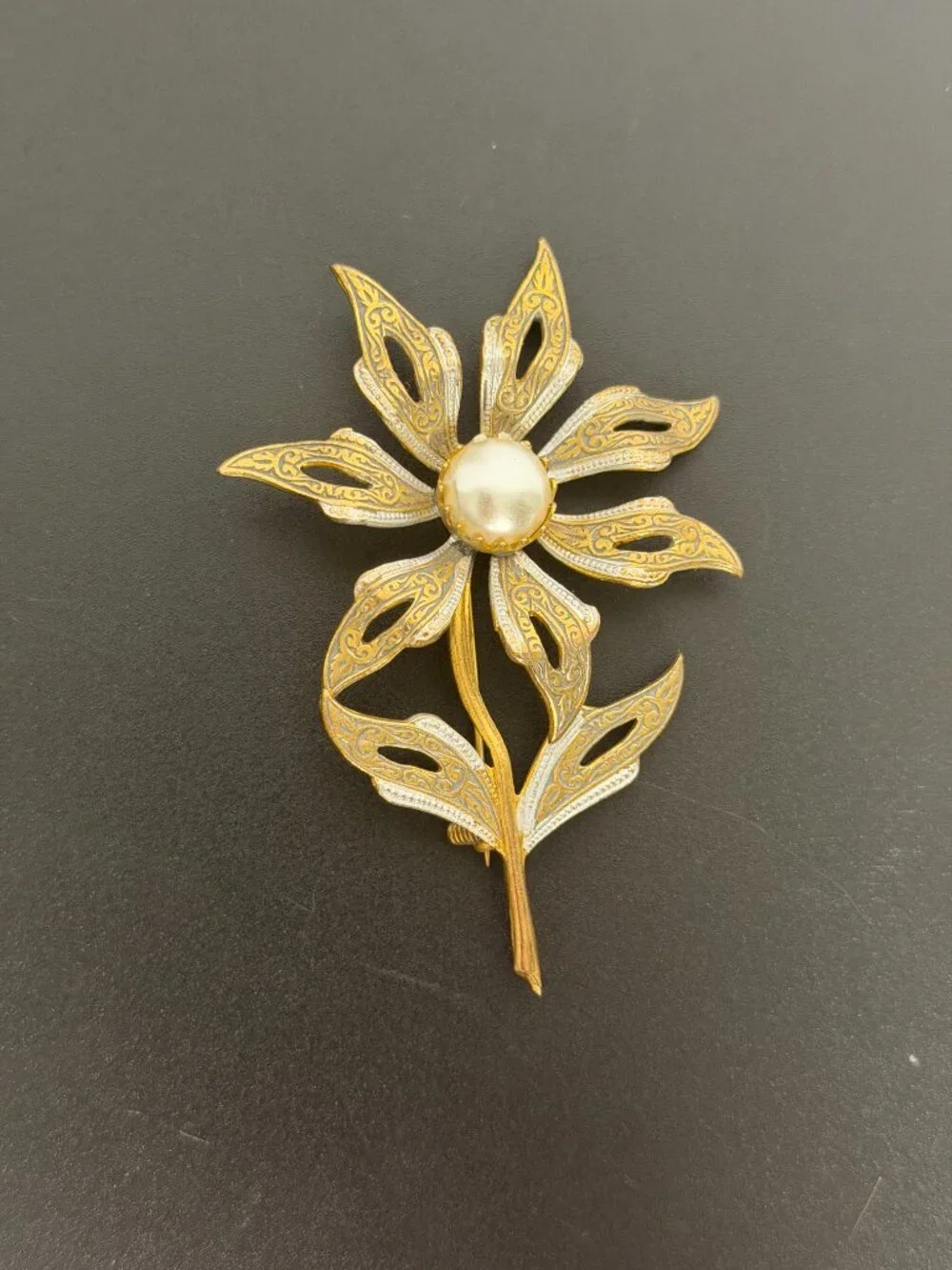 Set Of 2 Damascene Made in Spain Brooch Pins Flower Flying Fish Gold Black White